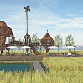Scenic Rural Landscape with Rice Fields Straw Dome Buildings Windmill and Pathway