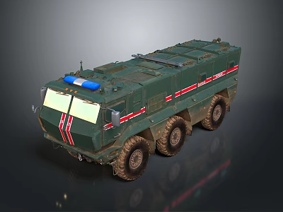 Military Green Six Wheel Vehicle With Red Stripes And Blue Emergency Lights 3d model