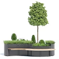 Outdoor Tree Planter With Tall Tree Trimmed Shrubs Green Grass And Wooden Bench