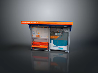 Bus Stop Shelter Equipment With Orange Roof Transparent Panels Bench And Information 3d model