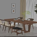 Modern Wooden Dining Table And Chairs Set With Indoor Potted Plant And Wall Art