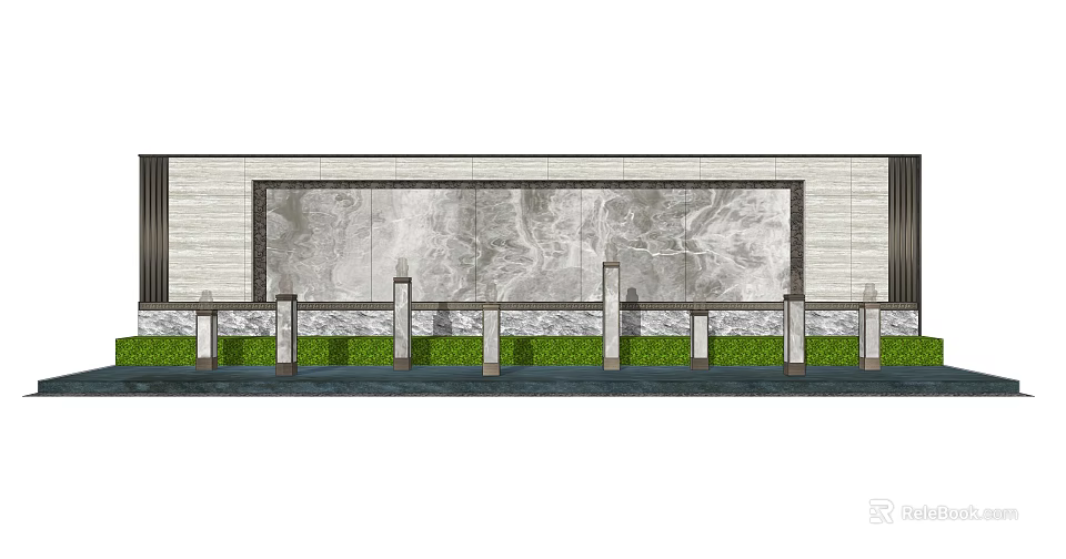 Modern Garden Feature Wall Design With Marble Panels Green Lawn And Stone Pillars 3d model 