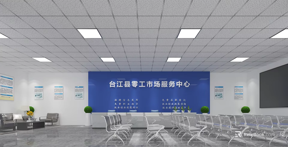 Modern Service Hall Interior With Blue Backdrop Wall White Chairs Ceiling Lights And Green Plants 3d model 