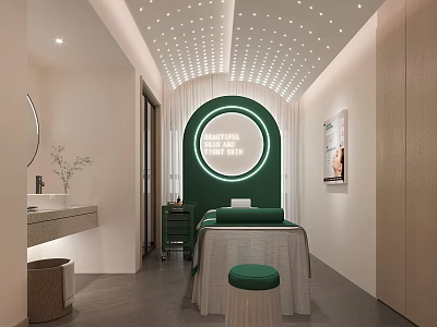Modern SPA Wellness Room With Circular Neon Sign Green Bed And Wooden Cabinets 3d model