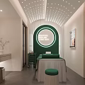 Modern SPA Wellness Room With Circular Neon Sign Green Bed And Wooden Cabinets