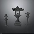 Traditional Architectural Stone Lanterns Three Different Sizes With Classic Roof Design For Garden Decor