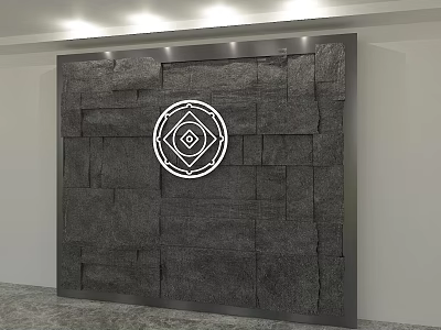 Modern Bedroom Accent Wall With Gray Stone Brick Texture And White Circular Decor 3d model