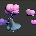 Pink Haired Character In Blue Dress Holding Green Umbrella With Floating Pink Cloud Creatures