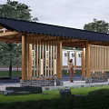 Traditional Chinese Pergola Featuring Wooden Structure Black Tiled Roof Vertical Slat Railings and Stone Base