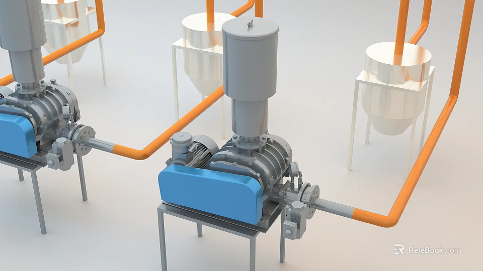 Industrial Processing Equipment With Blue Main Unit Orange Pipes And White Conical Tanks 3d model 
