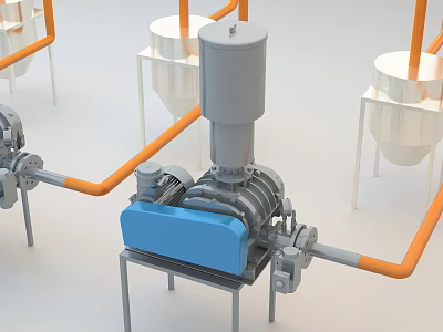 Industrial Processing Equipment With Blue Main Unit Orange Pipes And White Conical Tanks 3d model
