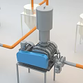 Industrial Processing Equipment With Blue Main Unit Orange Pipes And White Conical Tanks