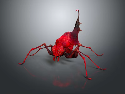 Red Spiked Fantasy Creature With Long Legs On Dark Reflective Surface 3d model