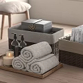 Stylish Bathroom Accessories With Rolled Towels Candle Soap Dispensers And Storage Baskets