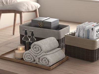 Stylish Bathroom Accessories With Rolled Towels Candle Soap Dispensers And Storage Baskets 3d model
