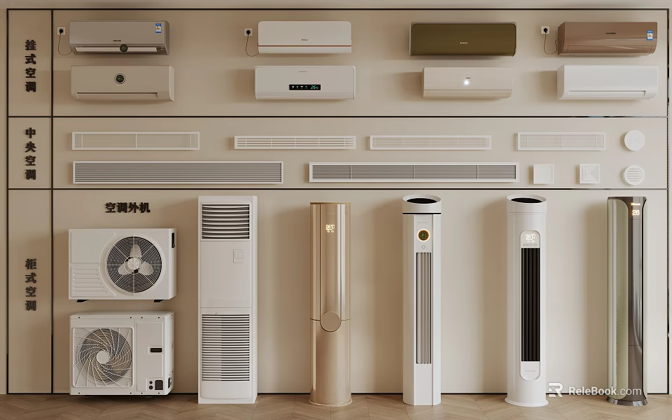 Different Types of Air Conditioners with Air Outlets on 3d model 