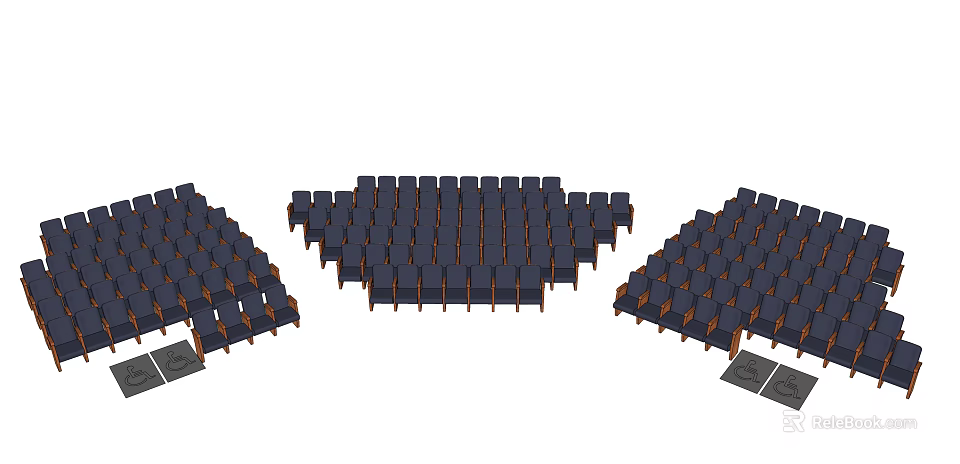 Public Chairs Arranged in Rows with Wooden Armrests in Auditorium Setting 3d model 