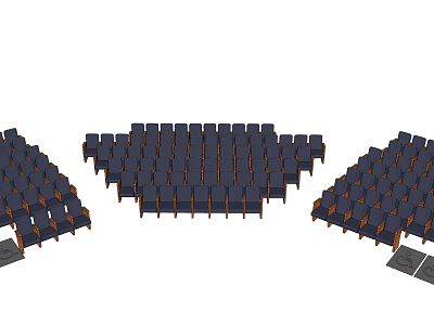 Public Chairs Arranged in Rows with Wooden Armrests in Auditorium Setting 3d model