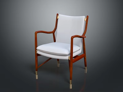 Modern Leisure Chair With Wooden Armrests White Fabric Cushion And Metal Legs 3d model