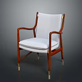 Modern Leisure Chair With Wooden Armrests White Fabric Cushion And Metal Legs