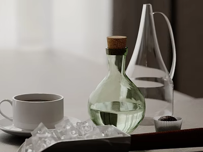 Modern Elegant Decorative Ornament Set Including Glass Carafe Coffee Cup Ice Cubes And Cork Bottle 3d model
