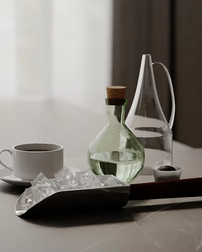 Modern Elegant Decorative Ornament Set Including Glass Carafe Coffee Cup Ice Cubes And Cork Bottle 3d model