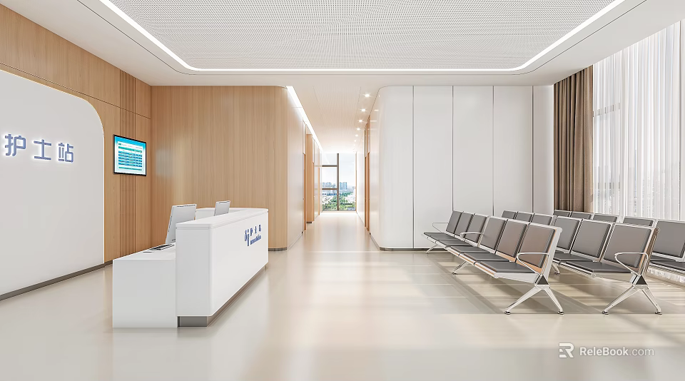 Modern Hospital Outpatient Clinic With Reception Desk Comfortable Waiting Chairs And Information Screen 3d model 