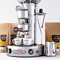 Stainless Steel Coffee Machine With Coffee Beans And White Cups In Kitchen