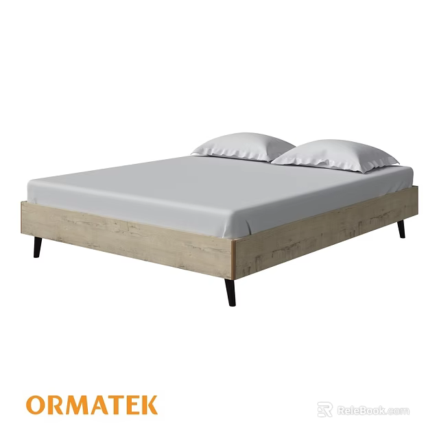 Double Bed With Simple Wooden Frame Light Wood Color Black Legs And White Pillows 3d model 