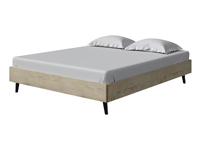 Double Bed With Simple Wooden Frame Light Wood Color Black Legs And White Pillows 3d model