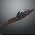 Detailed Warship Model With Gray Hull Red Bottom And Military Turrets