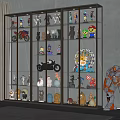 Modern Glass Display Cabinet with Collectible Figurines Motorcycle Models and Illuminated Shelves