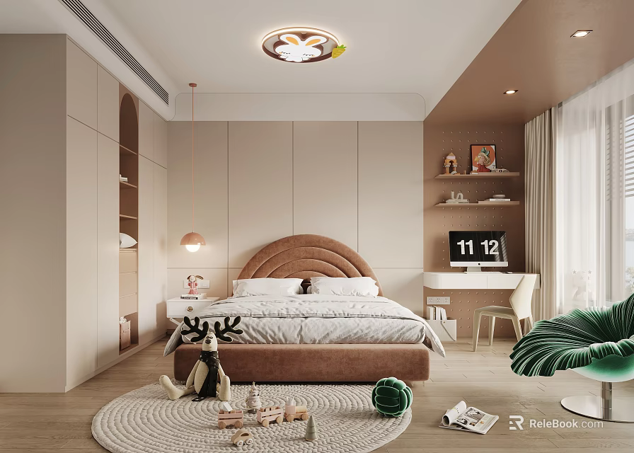 Cozy Modern Kids Bedroom With Toys And Study Desk 3d model 