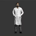 Bearded Man Wearing White Lab Coat With Hands in Pockets Standing Against Gray Background 3d model