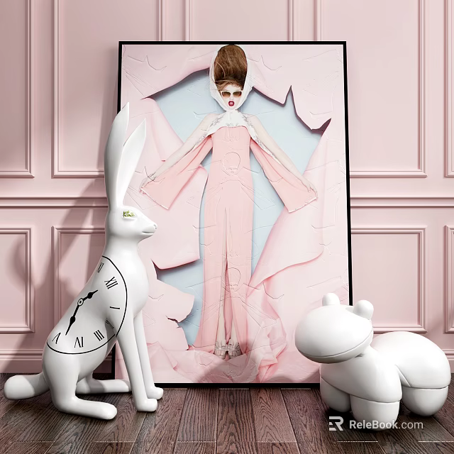 Decorative Ornament Set with White Rabbit Hippo Figurines Pink Wall Background and Clock 3d model 