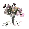 Beautiful Pink White Yellow Peonies in Glass Vase on Wooden Table with Scattered Petals