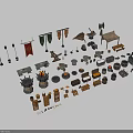 Medieval Weapons Collection Featuring Swords Axes Shields Flags Tents Barrels And Tools 3d model