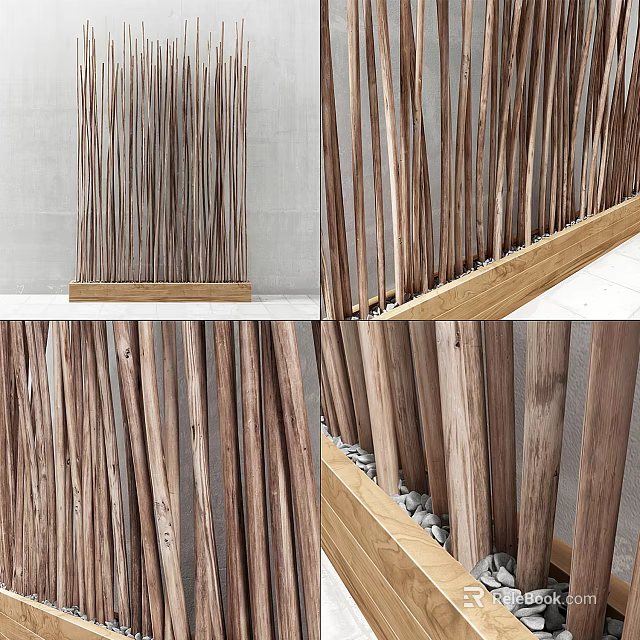 Natural Wooden Room Divider Design With Vertical Slats Wooden Base And Pebble Accents 3d model 