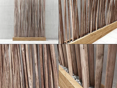 Natural Wooden Room Divider Design With Vertical Slats Wooden Base And Pebble Accents 3d model