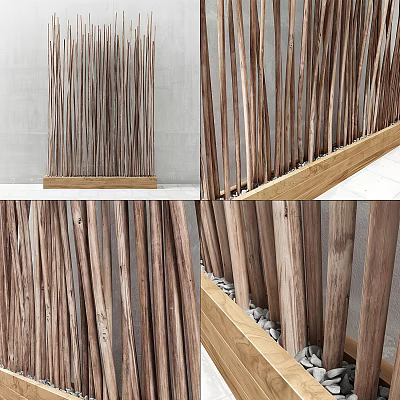 Natural Wooden Room Divider Design With Vertical Slats Wooden Base And Pebble Accents 3d model