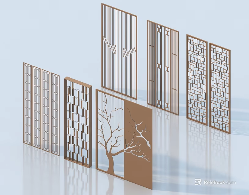 Decorative Room Dividers With Various Designs Including Geometric Patterns And Tree Branch Motifs 3d model
