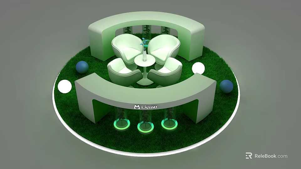 Circular Display Island Design With Green Grass White Curved Seats Table Goblet And Green Lights 3d model 