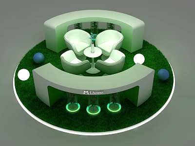 Circular Display Island Design With Green Grass White Curved Seats Table Goblet And Green Lights 3d model