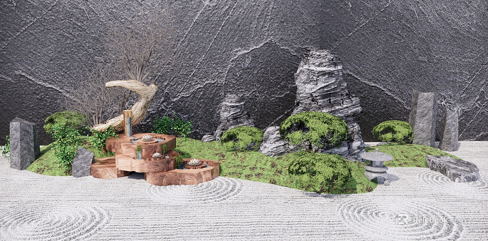 Karesansui Zen Garden With Textured Gray Wall Rock Formations Green Shrubs And Raked Sand Patterns 3d model 