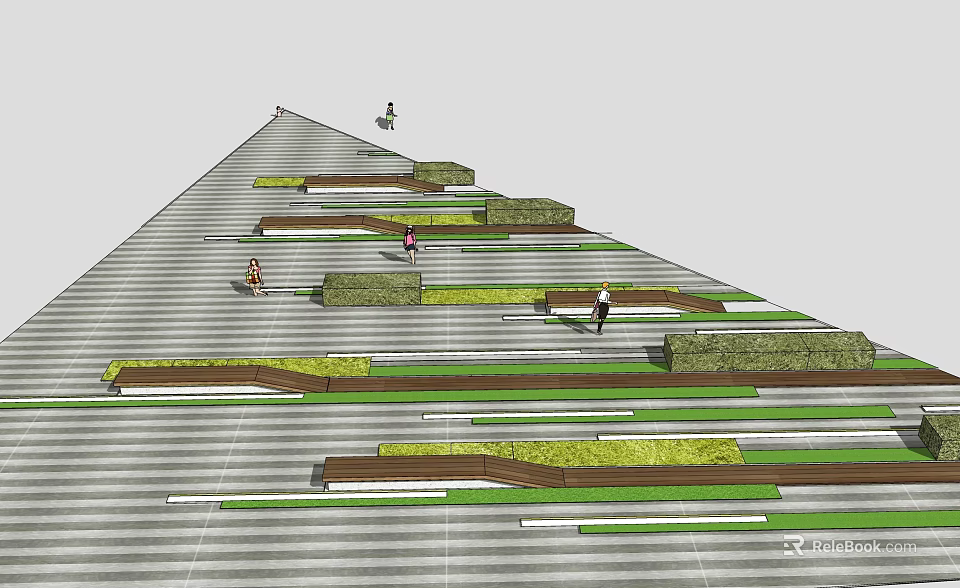 Modern Outdoor Chairs In Public Stepped Platforms With Green Plants And People 3d model 
