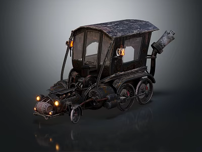 Vintage Steampunk Mechanical Carriage with Dark Metal Roof Windows Glowing Headlights and Exhaust Pipe 3d model
