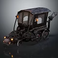 Vintage Steampunk Mechanical Carriage with Dark Metal Roof Windows Glowing Headlights and Exhaust Pipe