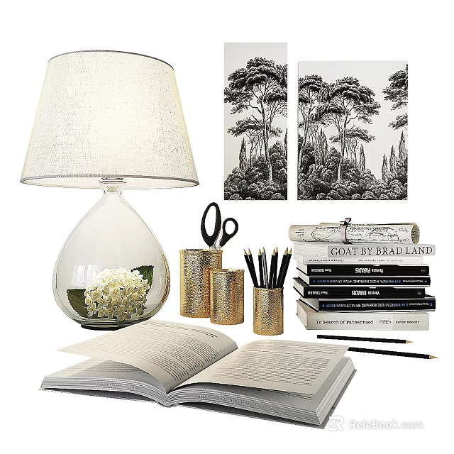 Stylish Decorative Ornament Combination With Glass Lamp Flower Tree Prints Golden Holders Books And Scissors 3d model 