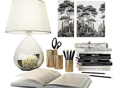 Stylish Decorative Ornament Combination With Glass Lamp Flower Tree Prints Golden Holders Books And Scissors 3d model