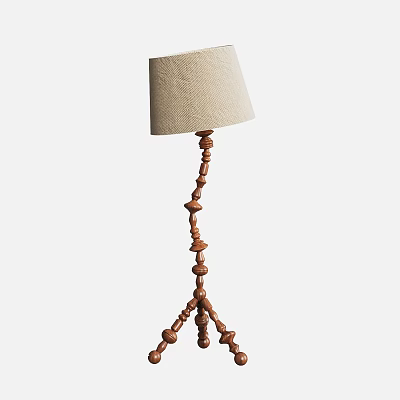 Beaded Wooden Floor Lamp with Tripod Base and Beige Fabric Lampshade 3d model